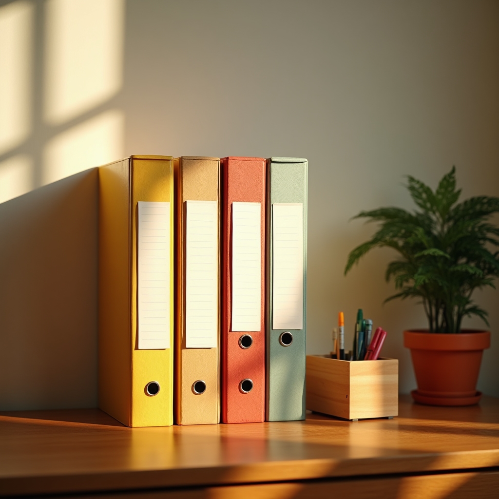 Domáci archivačný systém s farebnými šanónmi a registrami na poličke