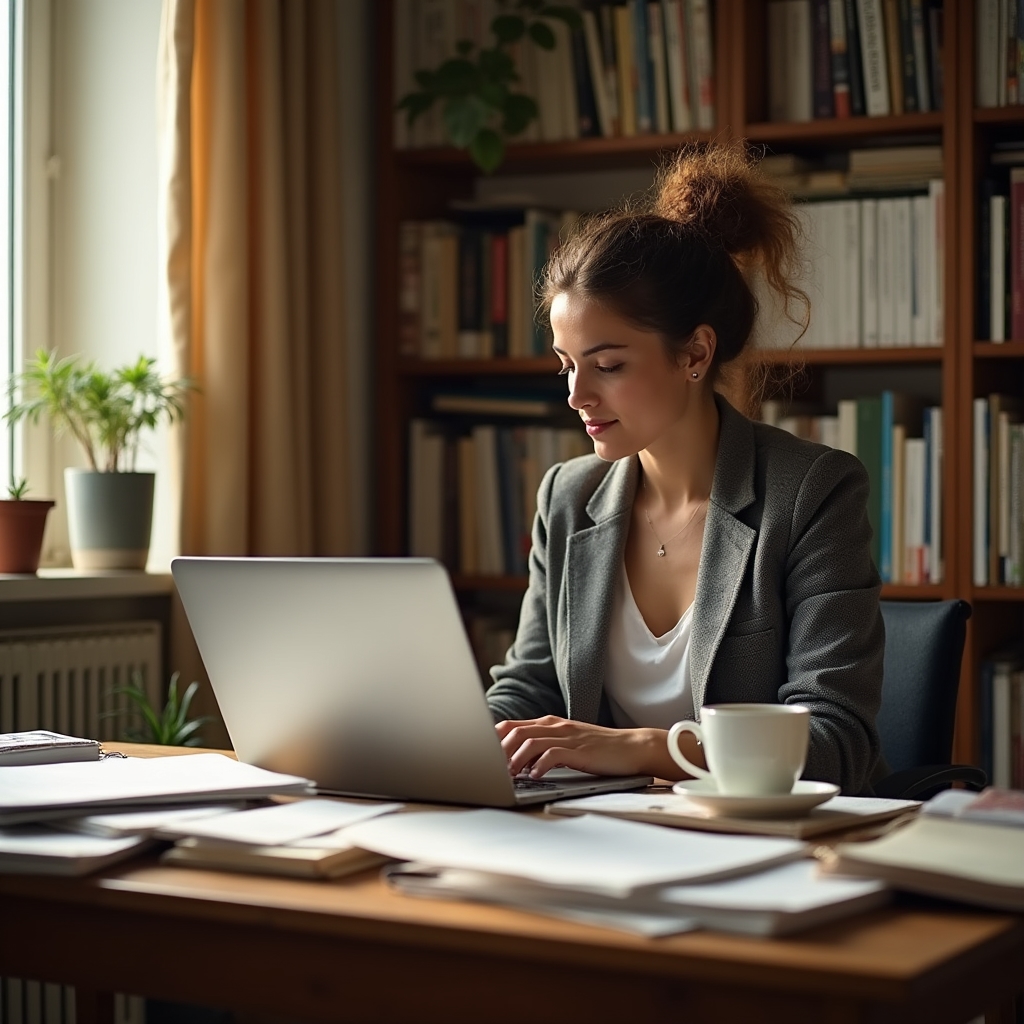 Živnostník pracuje z domu pri stole plnom dokumentov a kníh