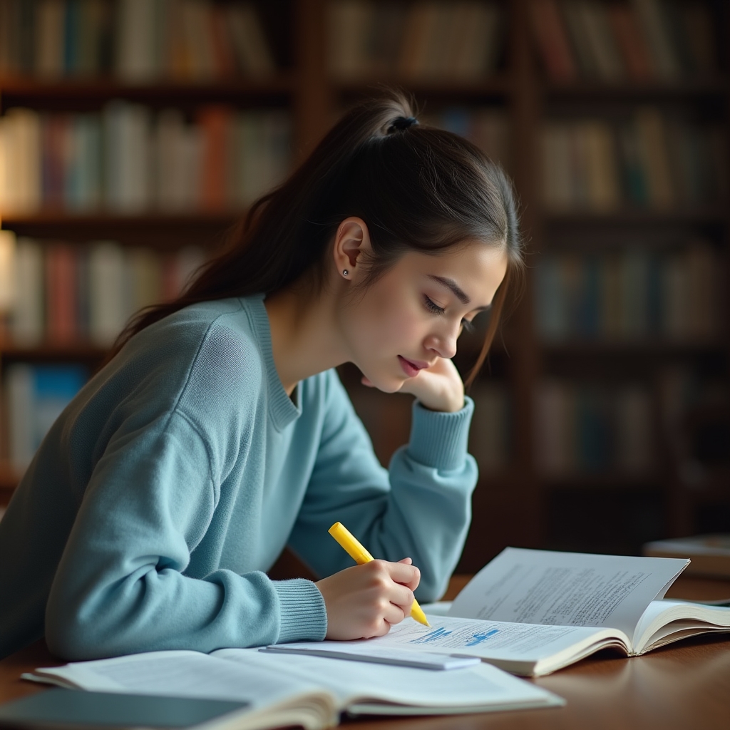 Študentka číta finančné materiály v knižnici pri okne