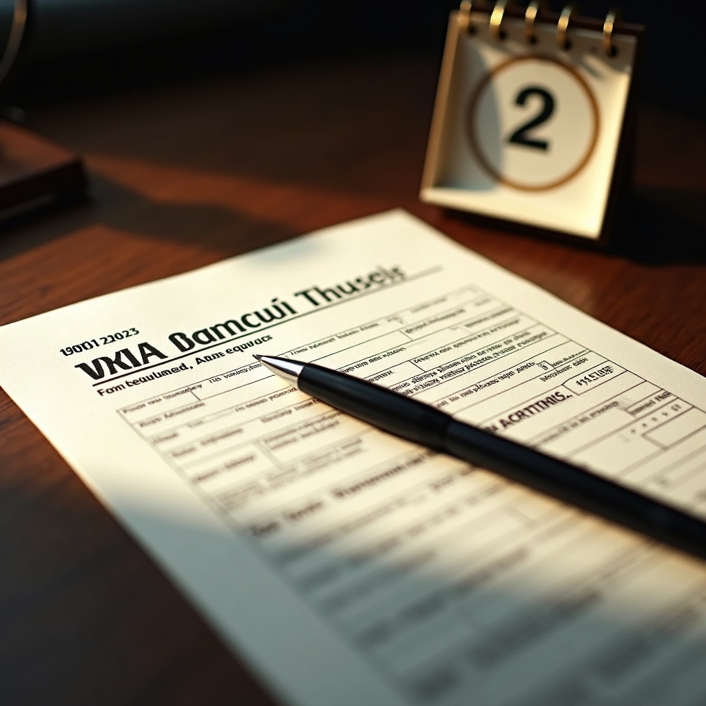 Formulár daňového priznania s pernom na stole pri kalendári