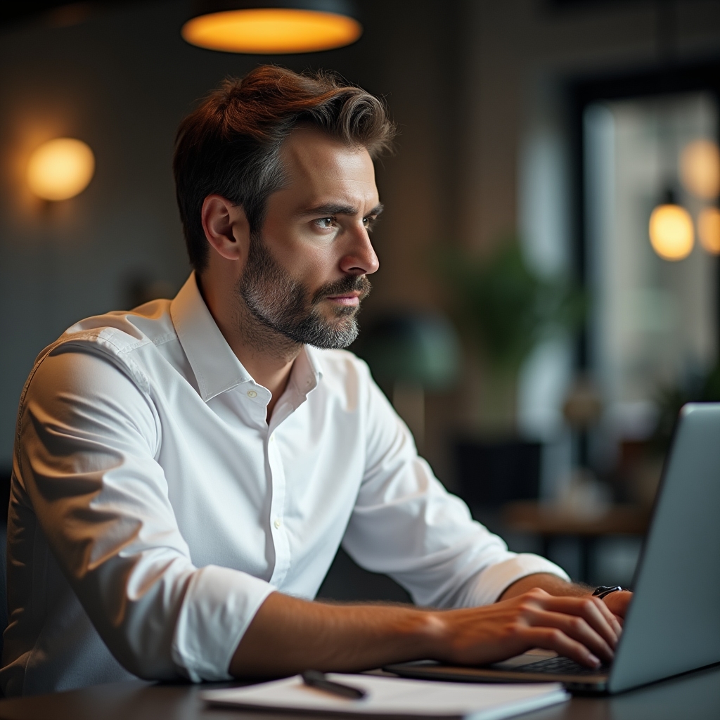 Mladý profesionál pracuje na laptope v modernej kancelárii